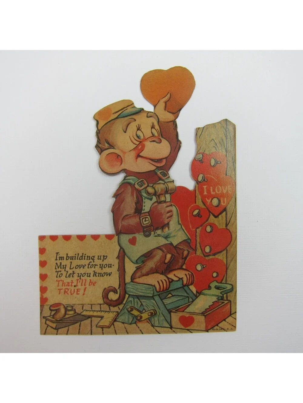 Vintage Valentine Card Mechanical Monkey Hammer Heart Building Tools 1920s-1930s